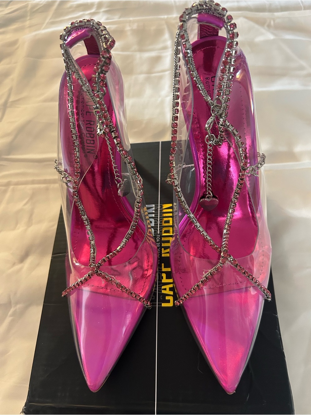Clear Pink Pointed Toe pumps Heels with Rhinestone Straps